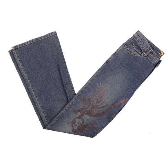 Y London Stretch Flare Jeans Flocked Velvet Design Denim Blue Zip Fly Retro 30 - Picture 6 of 8